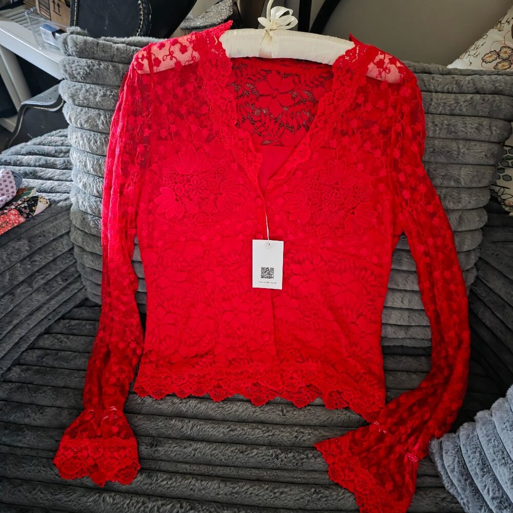 Red Lace Long Sleeved Shirt Soo Linen (Discontinued)
